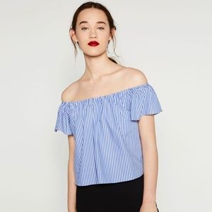 Zara Off the Shoulder White & Blue Striped Top
